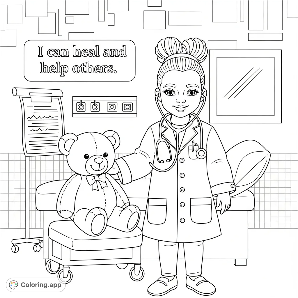 A confident little girl doctor, with natural hair, smiles while caring for her teddy bear patient in a hospital setting, feat...