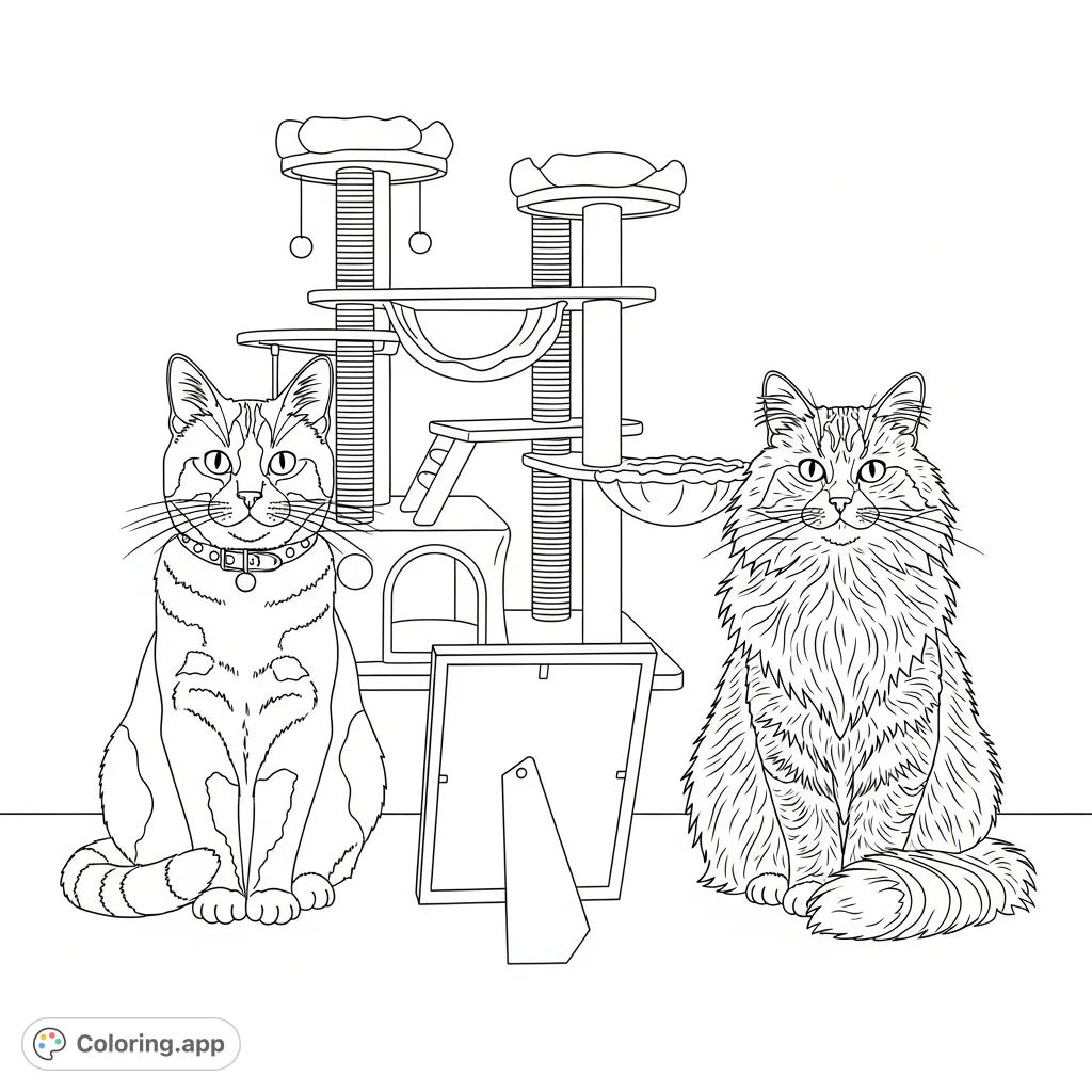 A delightful domestic felines coloring page featuring two cats, one patched and one long-haired, seated beside a picture frame with a cat tree in the background.