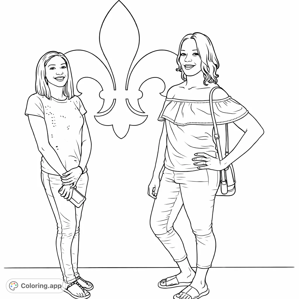A stylish Fleur-de-lis coloring page featuring two women posing gracefully against an iconic symbol. Perfect for celebrating friendship and cultural emblems.