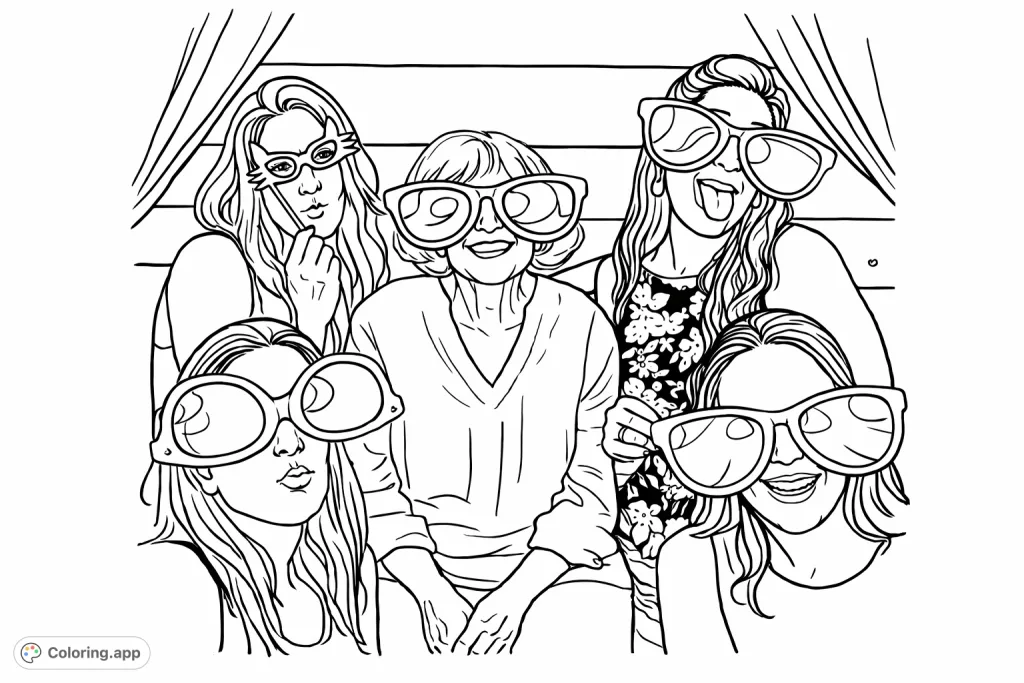 Capture a moment of playful joy with this photo booth coloring page, featuring five individuals sporting oversized novelty glasses and cheerful expressions.