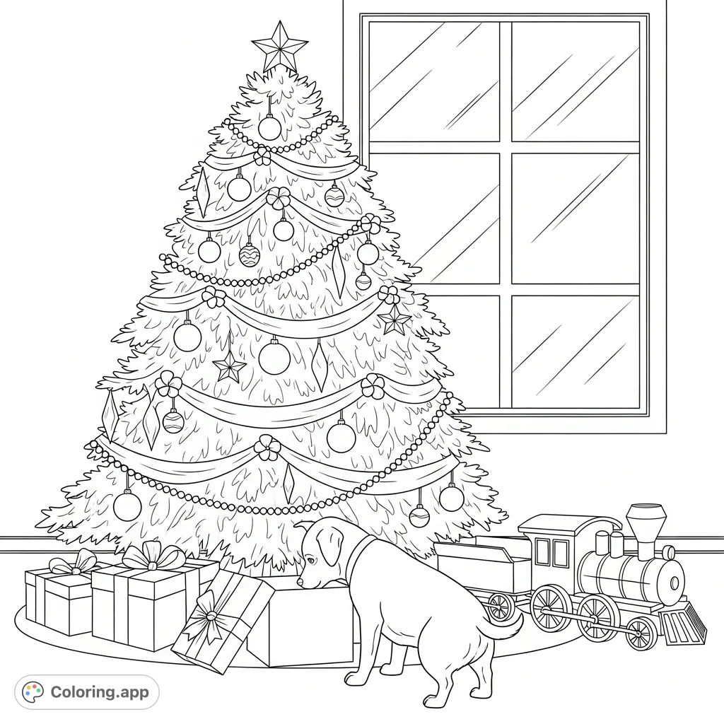 A heartwarming Christmas scene featuring a decorated tree, curious dog with an open present, and a classic toy train. Perfect for holiday coloring!