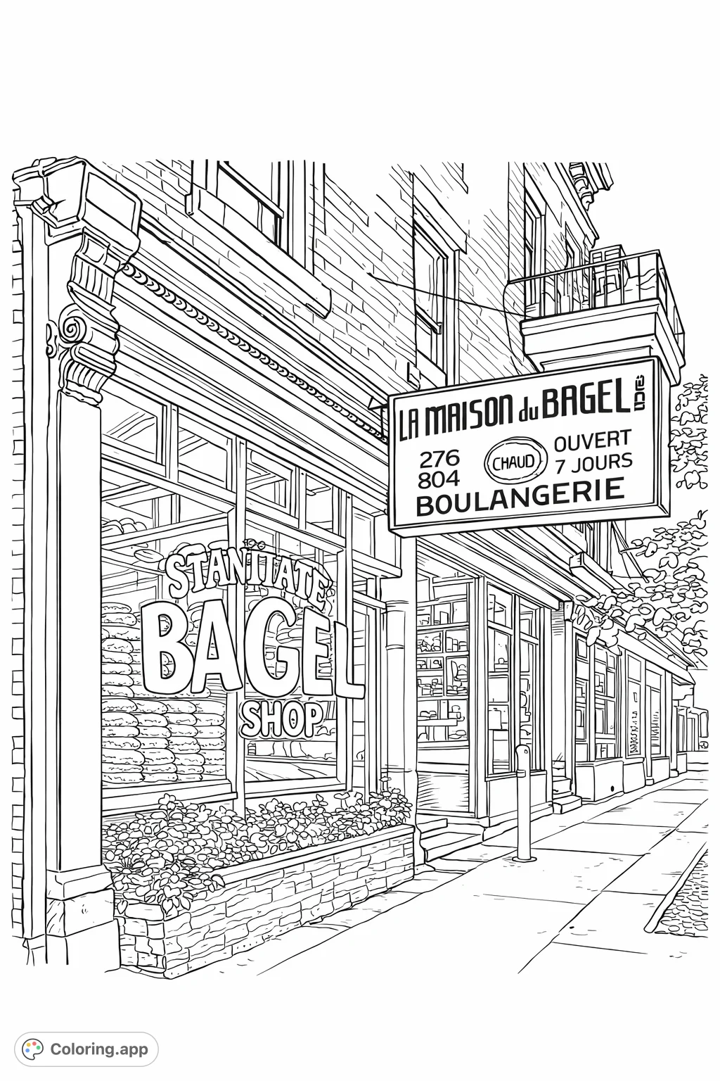 Color a bustling urban bagel shop storefront with intricate brickwork, detailed signage, charming window displays, and a lively street-level flower box.