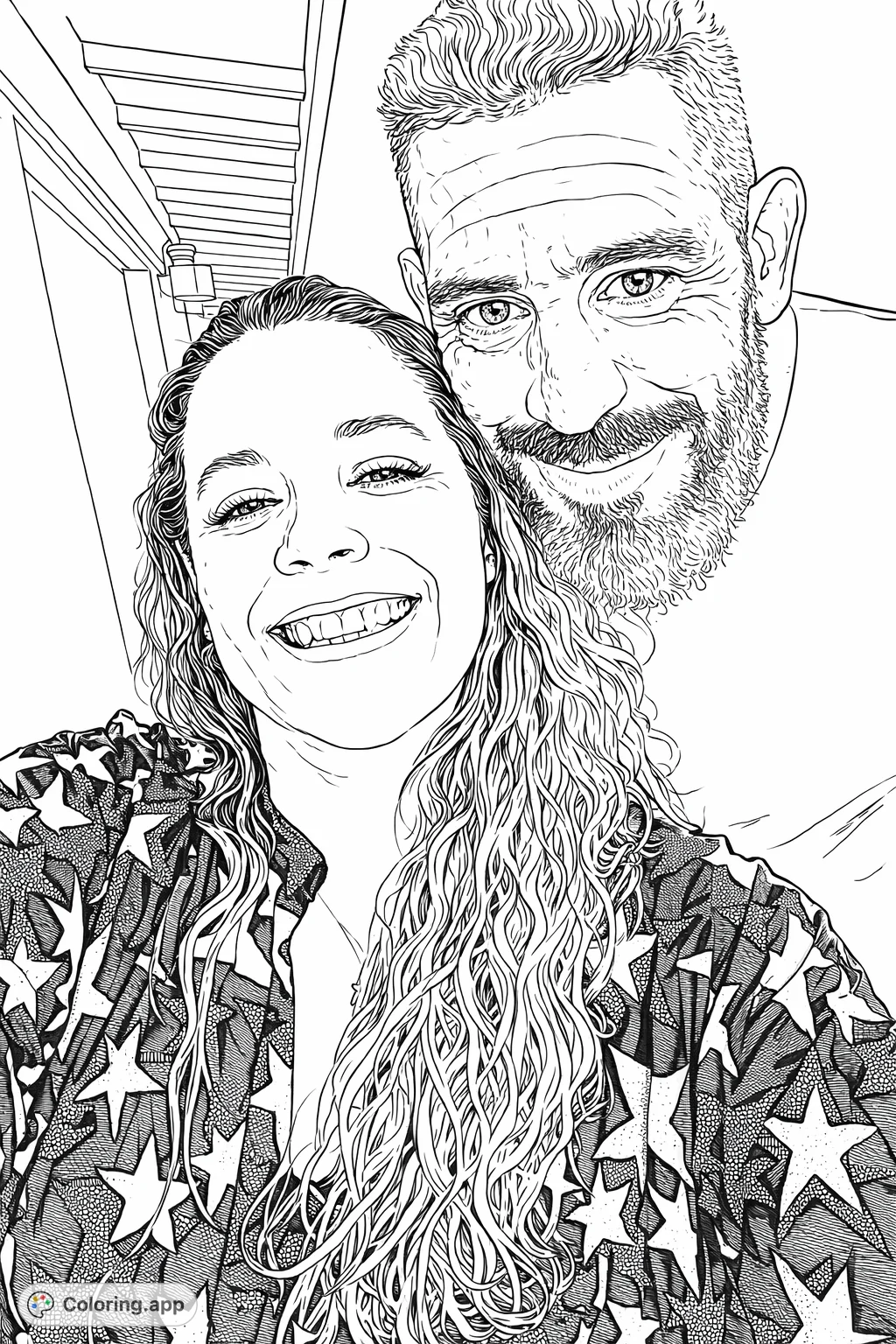 A joyful portrait of a smiling woman in a star-patterned top and a man with a beard, perfect for personalizing with your favorite colors.