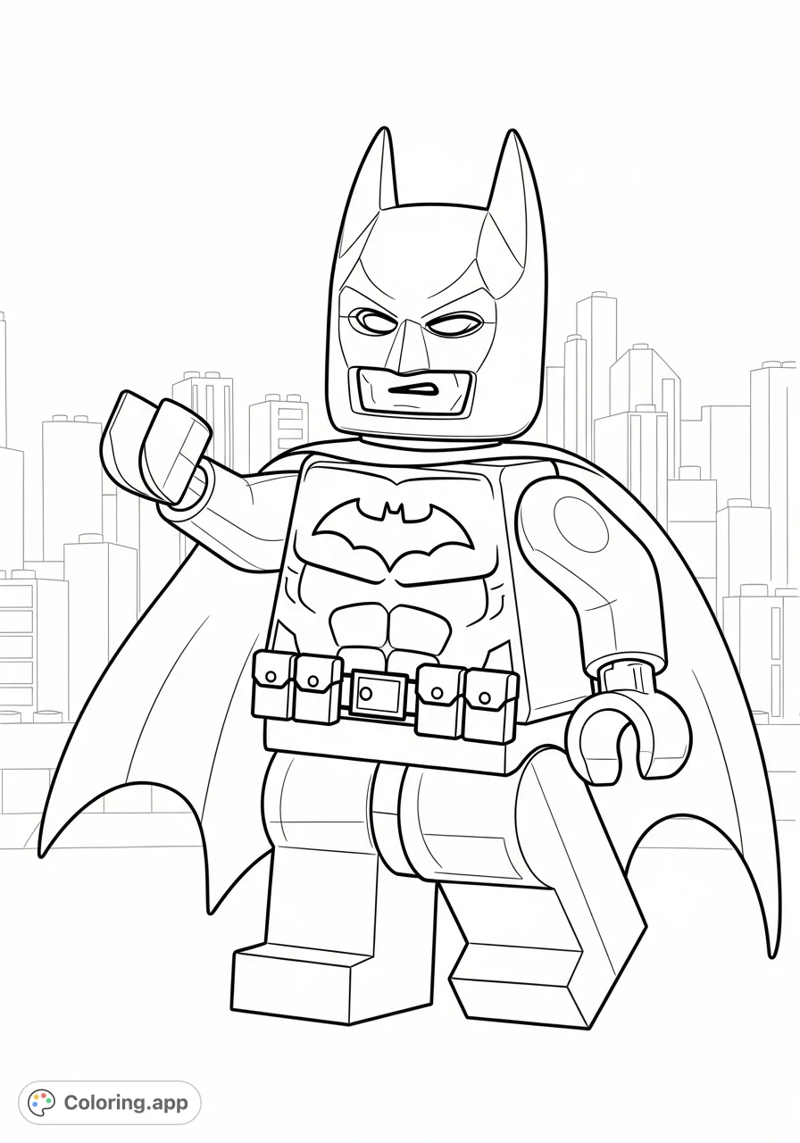 Unleash your creativity with this action-packed Lego Batman coloring page! Featuring the Caped Crusader in a dynamic pose against a blocky cityscape.