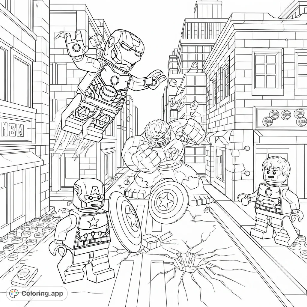 A thrilling Lego Marvel Superheroes coloring page featuring Iron Man, Captain America, and Hulk in a dynamic cityscape. Free printable fun for all Marvel fans!