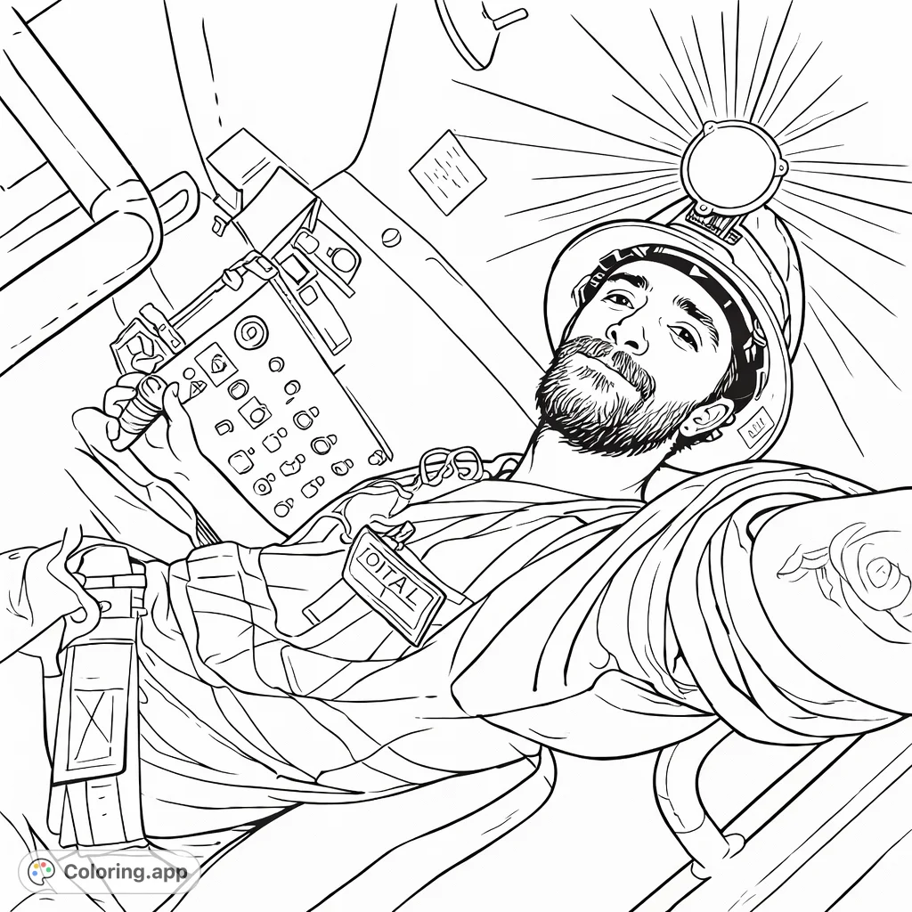 An intricate coloring page featuring an industrial worker in a hard hat and safety vest, operating a complex control panel in a confined space.