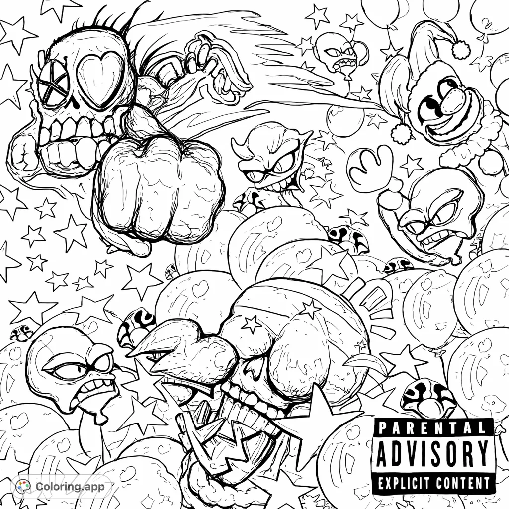 Dive into a whimsical party scene featuring expressive monsters, a jester, and a flurry of balloons and stars. Unleash your creativity on this unique celebration!