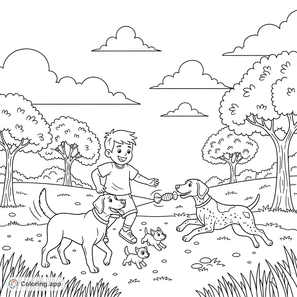 A heartwarming free printable coloring page featuring a young boy joyfully playing with a Labrador Retriever and a German Shorthaired Pointer outdoors.