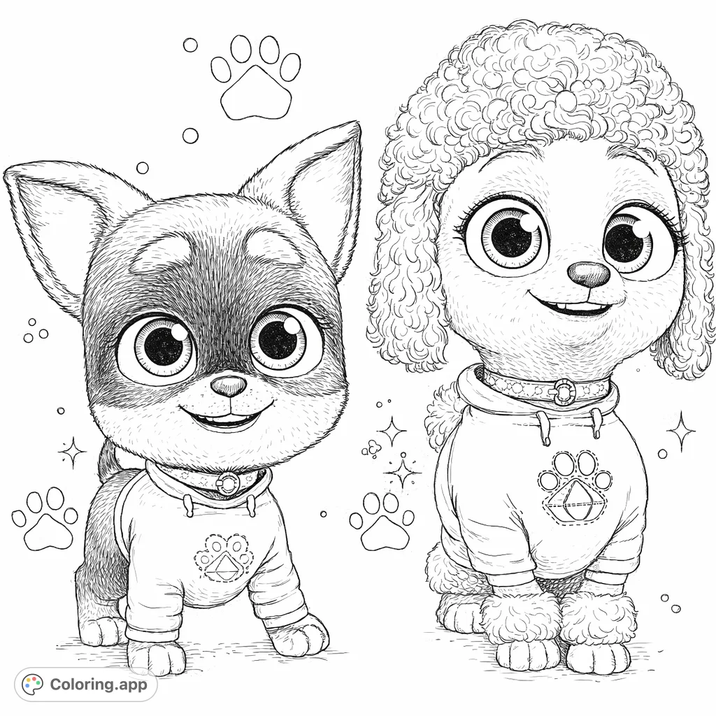 Adorable puppy pals ready for fun! This highly detailed coloring page features two charming, expressive dog characters in cute outfits against a whimsical background.