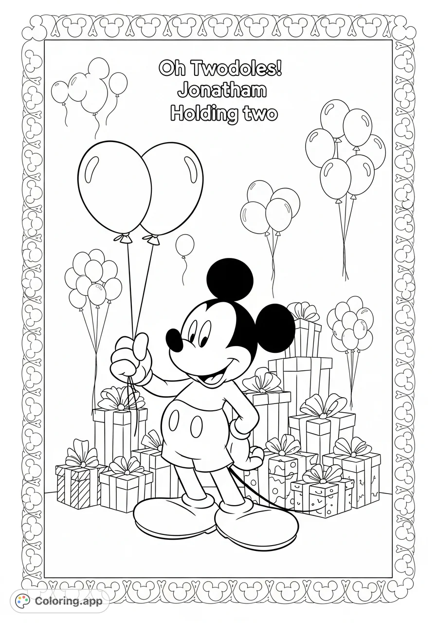 Celebrate Jonathan's second birthday with this festive Mickey Mouse coloring page! Features Mickey, presents, balloons, and custom text.