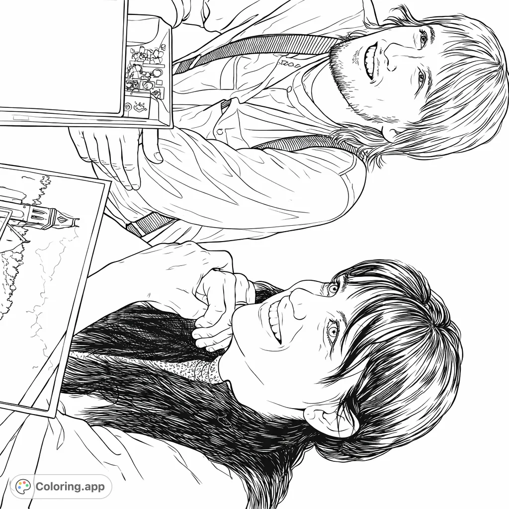 Capture the joy of connection with this heartwarming coloring page featuring two smiling individuals and their cherished items, perfect for a relaxing creative session.