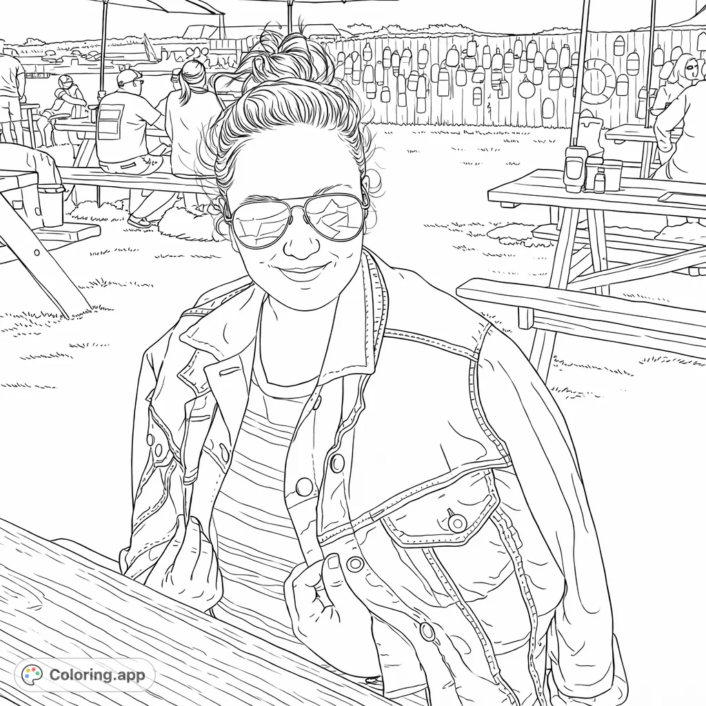 Relax and color this charming scene of a person enjoying an outdoor gathering by the water, complete with a unique buoy fence backdrop.