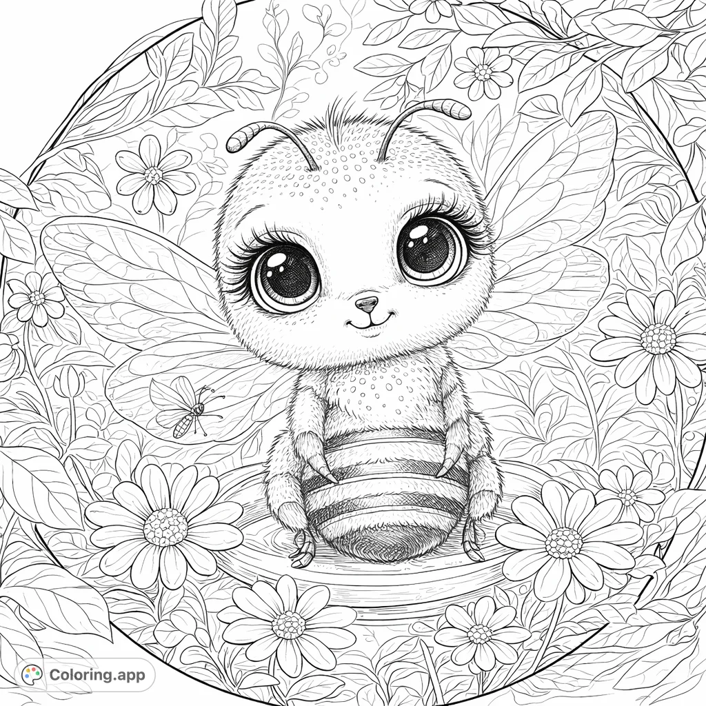 Discover a charming, fluffy bee character with expressive eyes, nestled among detailed flowers and lush leaves. A delightful scene for creative coloring fun.