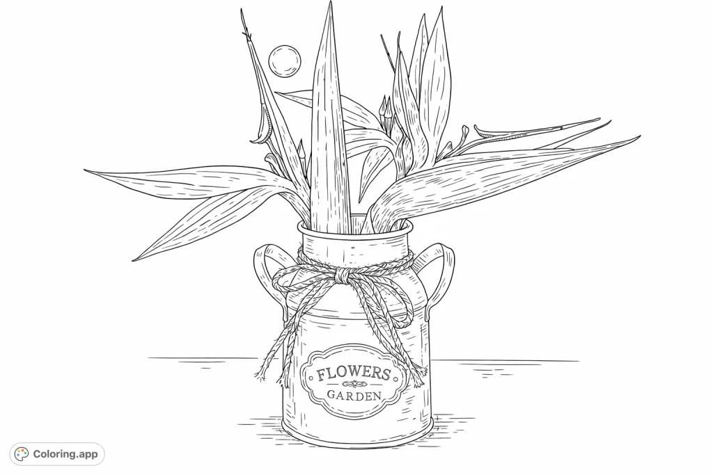 An elegant display of exotic Bird of Paradise flowers in a charming rustic milk can vase, tied with a twine bow, perfect for a detailed and realistic coloring experience.