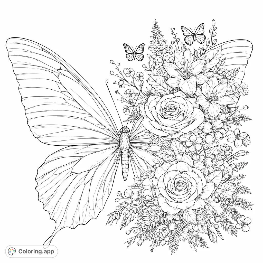 A stunning butterfly takes flight amidst a lush bouquet of realistic roses, lilies, and various blossoms, creating a highly detailed nature scene.