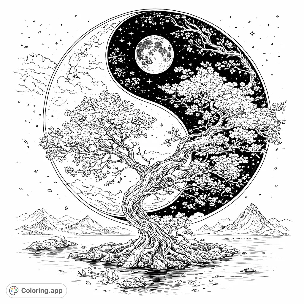 Explore a mesmerizing scene featuring a blossoming tree intertwined with a celestial Yin Yang symbol, set against a backdrop of mountains and reflective waters. Highly detailed.