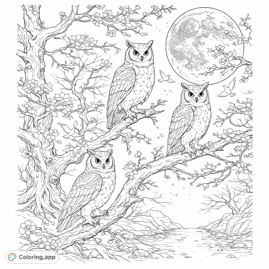 Three wise owls perch on a flowering tree branch under a serene full moon, with small birds fluttering nearby and a river flowing through a tranquil landscape.