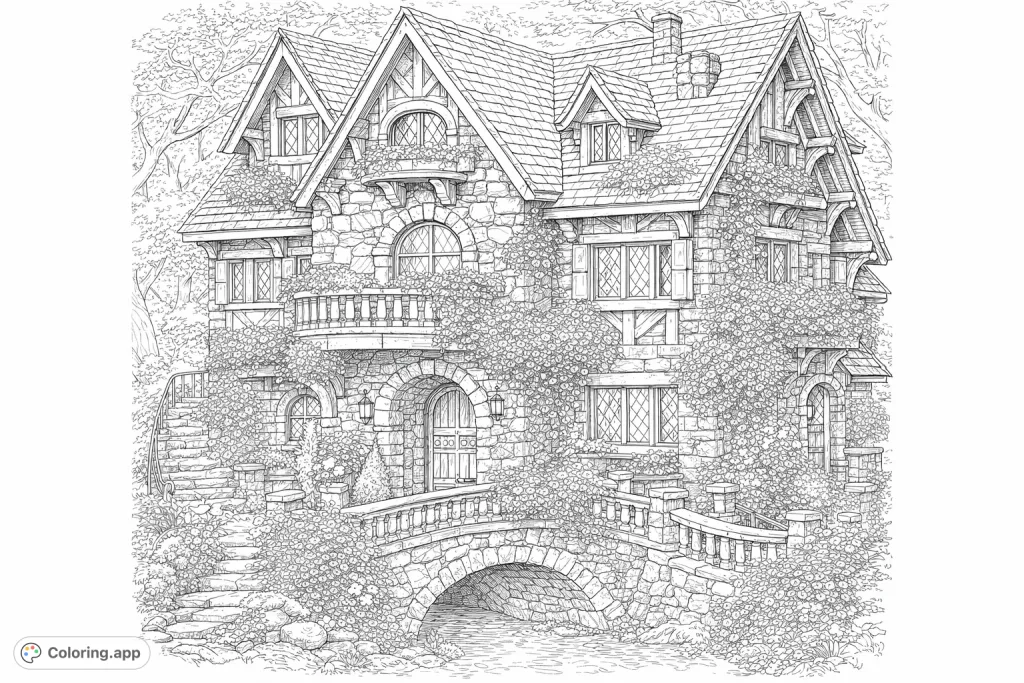 Discover a highly detailed, realistic enchanted stone cottage, brimming with intricate architectural features, lush gardens, and a charming stone bridge, perfect for creative coloring.