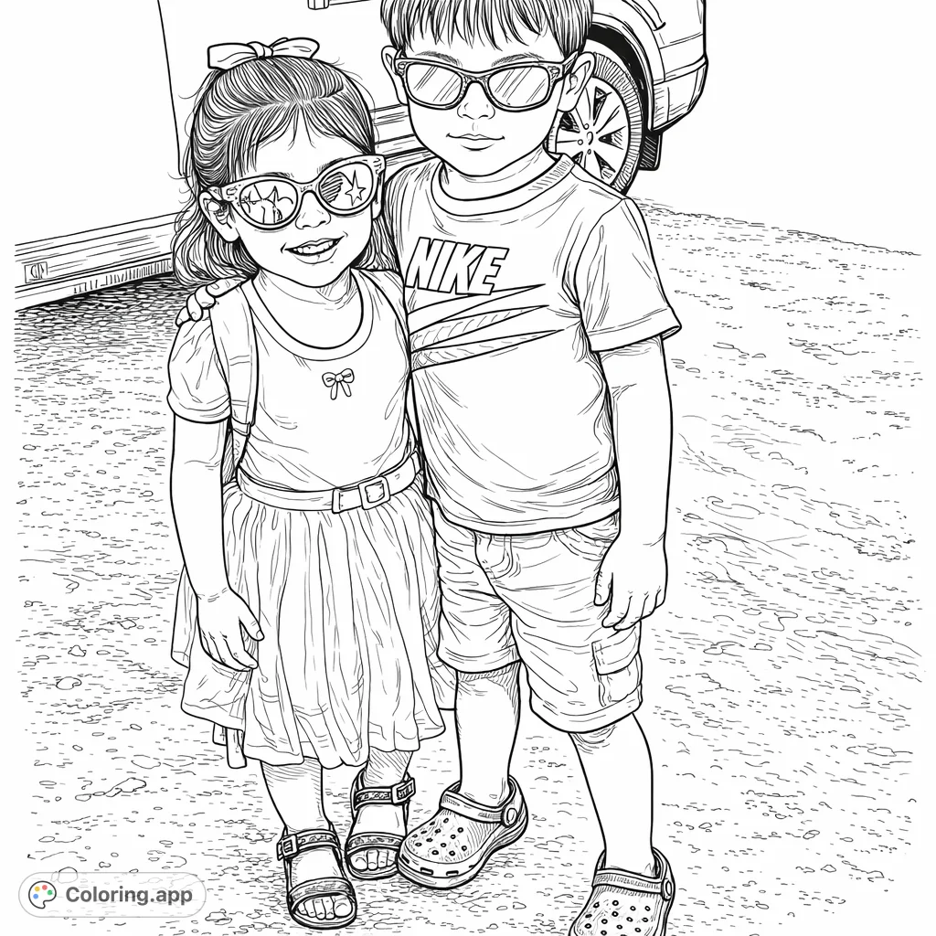 Capture the heartwarming charm of two children in playful attire, complete with unique sunglasses and realistic details, perfect for a joyful coloring experience.