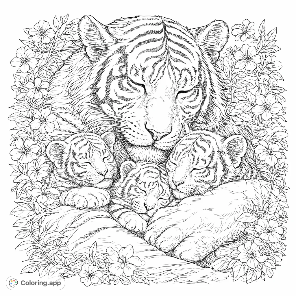 A heartwarming tiger family portrait featuring a large tiger cuddling three sleeping cubs amidst lush foliage. A highly detailed and realistic scene for coloring.