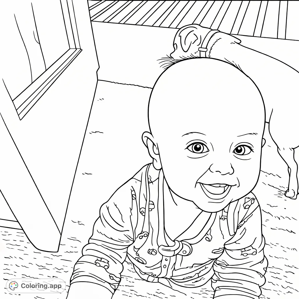 A heartwarming baby coloring page featuring a smiling infant in a vehicle-patterned sleeper, exploring the floor with a friendly animal nearby. Perfect for family fun!