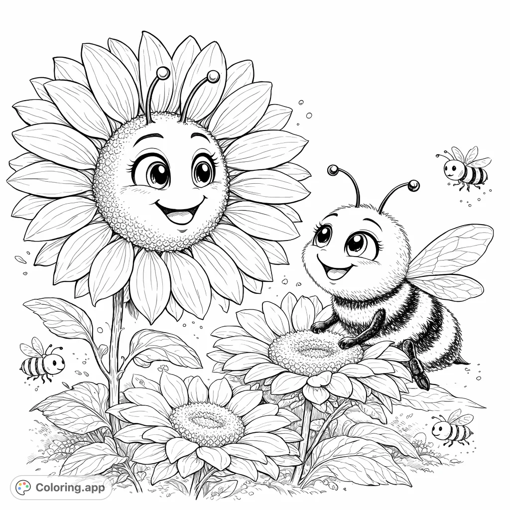 A whimsical garden scene featuring a cheerful sunflower character interacting with playful bee friends among blooming flowers and foliage. A delightful coloring page for all ages.