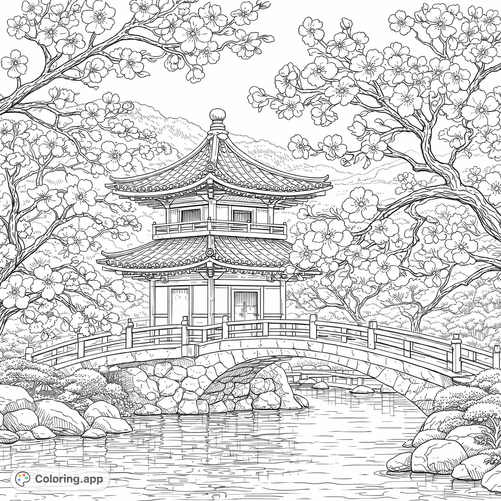 Immerse yourself in a serene landscape featuring a majestic pagoda, a graceful arched bridge over tranquil water, and abundant blossoming trees. A detailed scene for a realistic coloring experience.