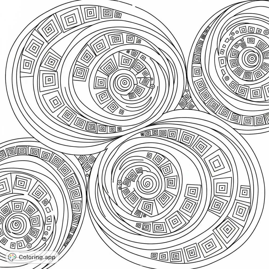 An intricate abstract design featuring flowing swirls interwoven with concentric geometric shapes and bold, thick lines, perfect for a calming coloring experience.