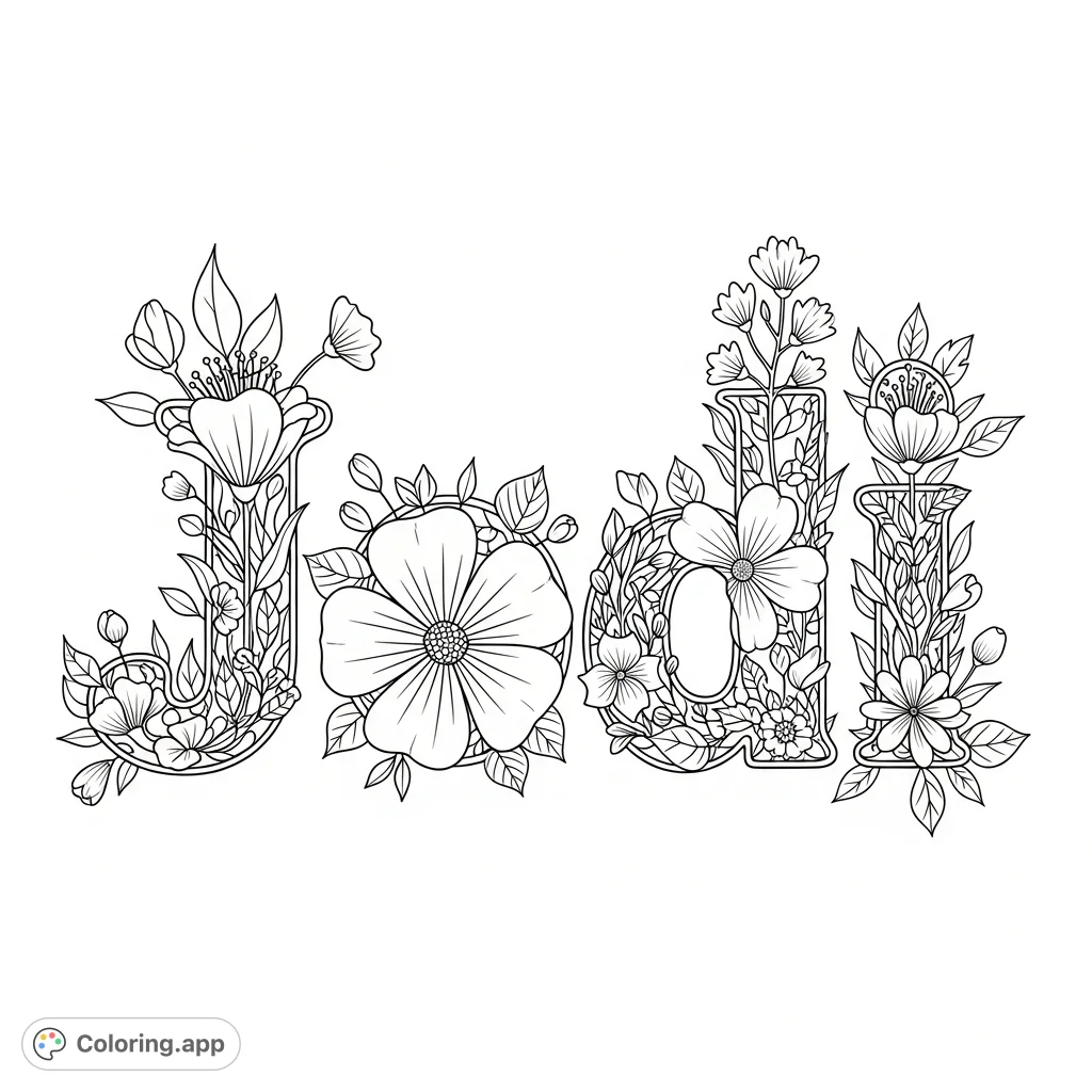 An intricately detailed floral name art coloring page featuring "Jodi" composed entirely of organic shapes, various blossoms, and delicate leaves.