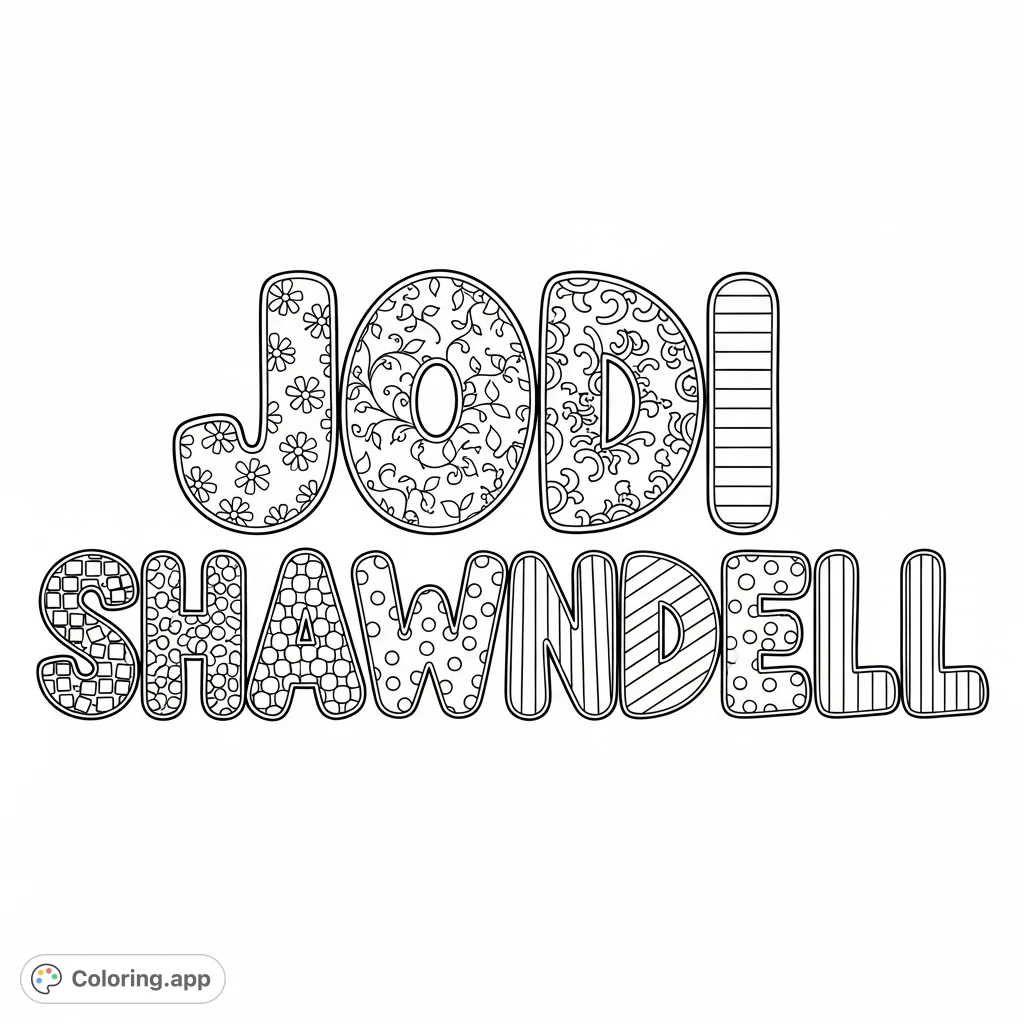 A personalized "JODI SHAWNDELL" coloring page with each bubble letter filled with intricate, diverse patterns like florals, polka dots, and stripes for a unique artistic experience.