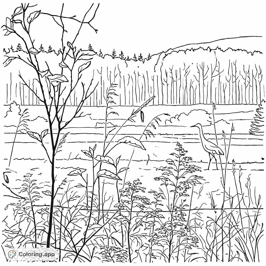 A tranquil scene featuring large birds foraging in a field, framed by foreground branches and backed by a dense forest and hills. A simple nature coloring page.