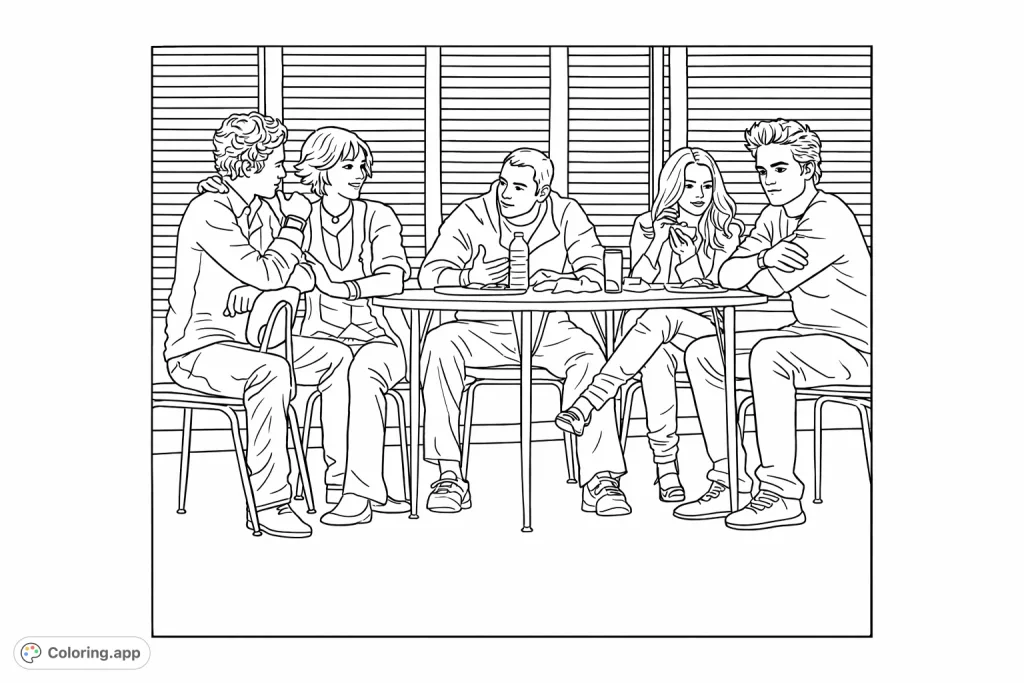 Capture a casual high school cafeteria scene with five friends chatting around a table, perfect for a relaxed and engaging coloring experience.