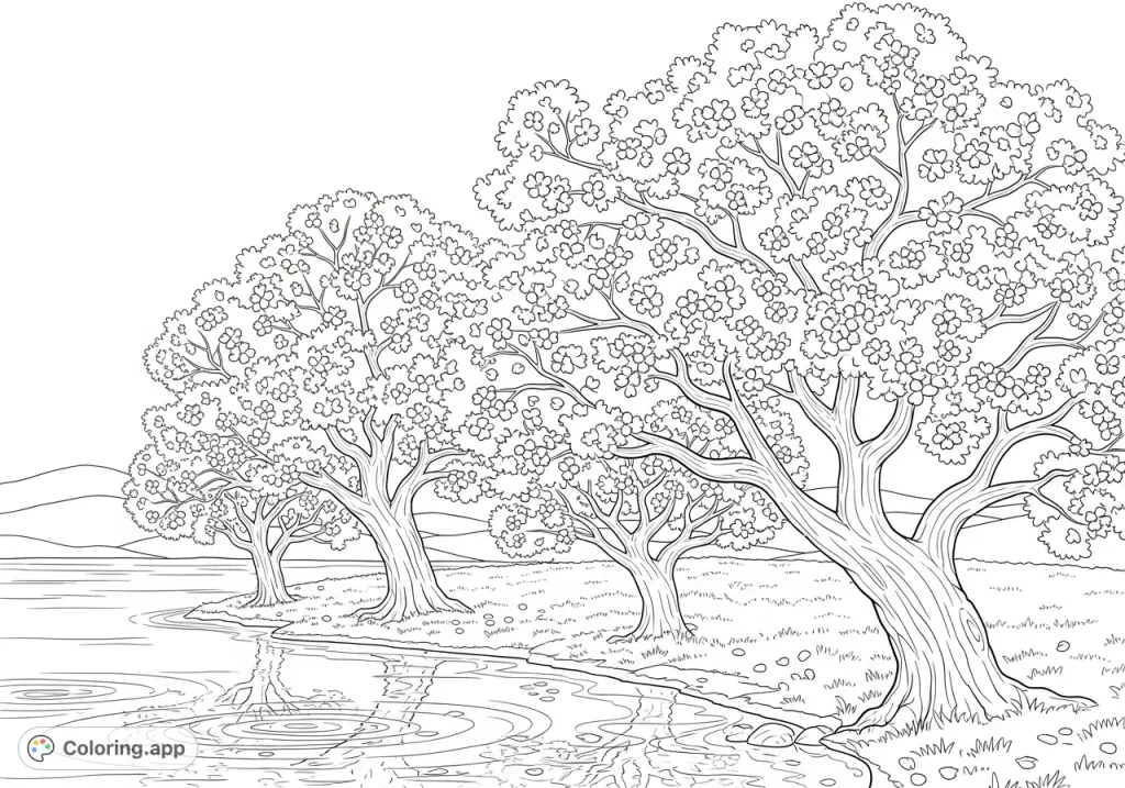 A tranquil cherry blossom coloring page featuring elegant trees by calm water with reflections and scattered petals. Perfect for nature lovers.