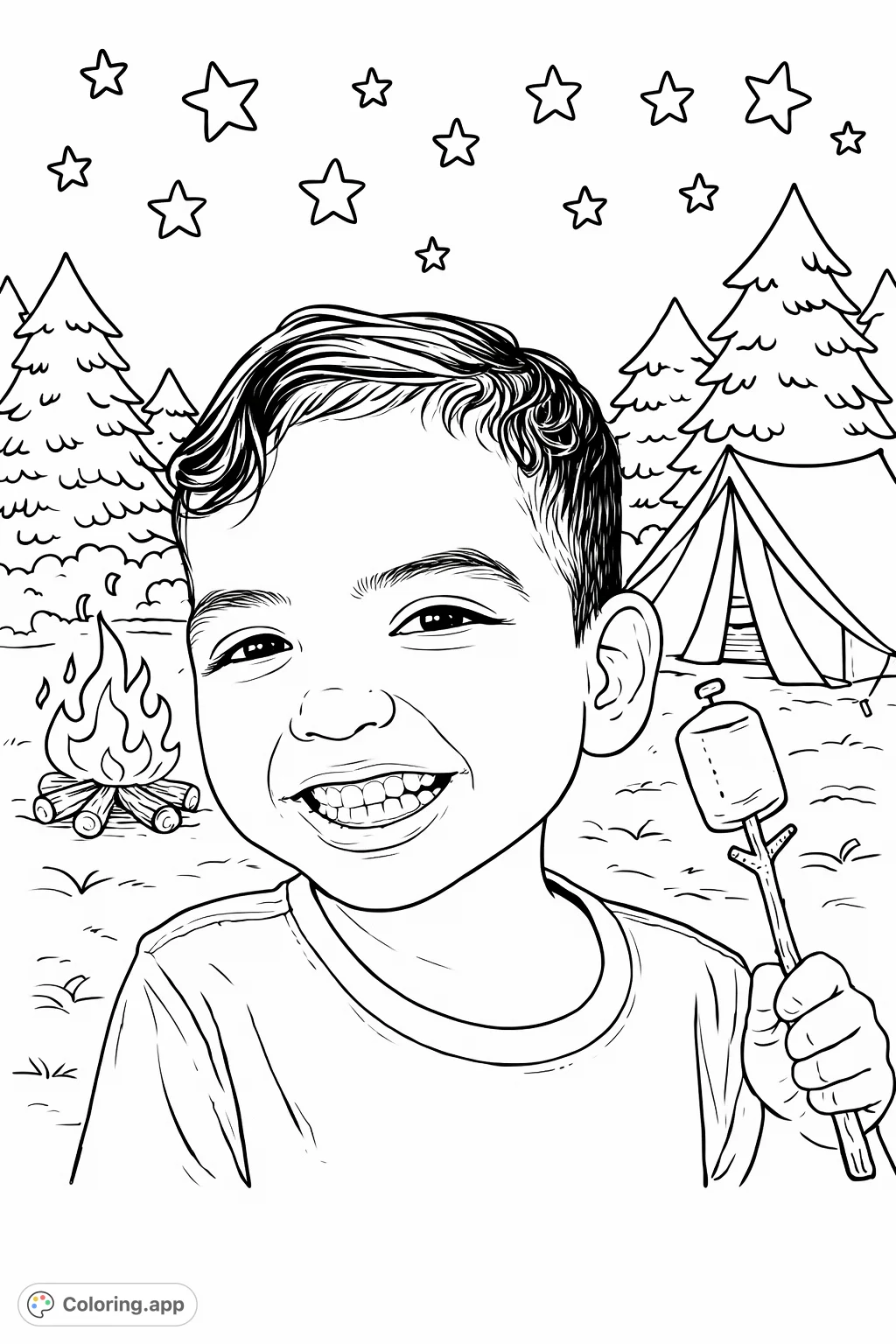 Join Daniel for a fun camping coloring page adventure! He's roasting marshmallows under a starry sky next to his tent.