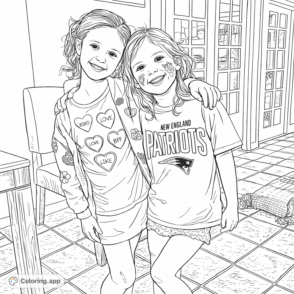 A heartwarming coloring page featuring two smiling girls embracing, set against a detailed interior background with various patterns and elements for creative expression.