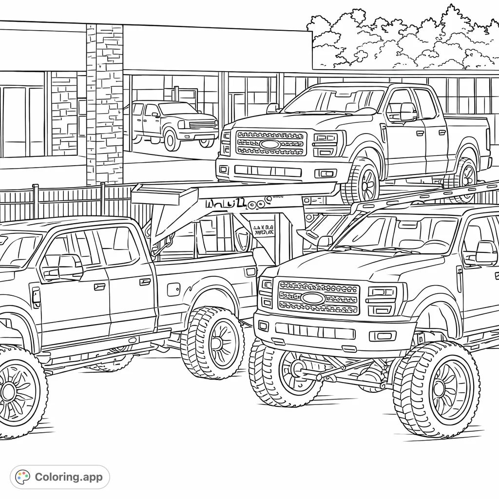 Explore a powerful lineup of three custom lifted trucks, featuring oversized wheels, rugged details, and a flatbed trailer, set against a modern storefront.