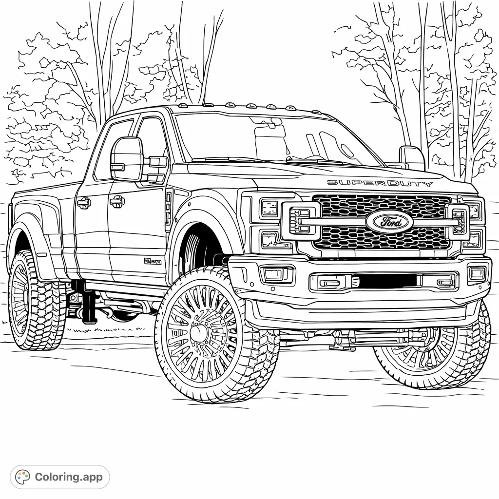 Color a powerful lifted dually pickup truck with intricate custom wheels, rugged tires, and a detailed grille set against a natural background.