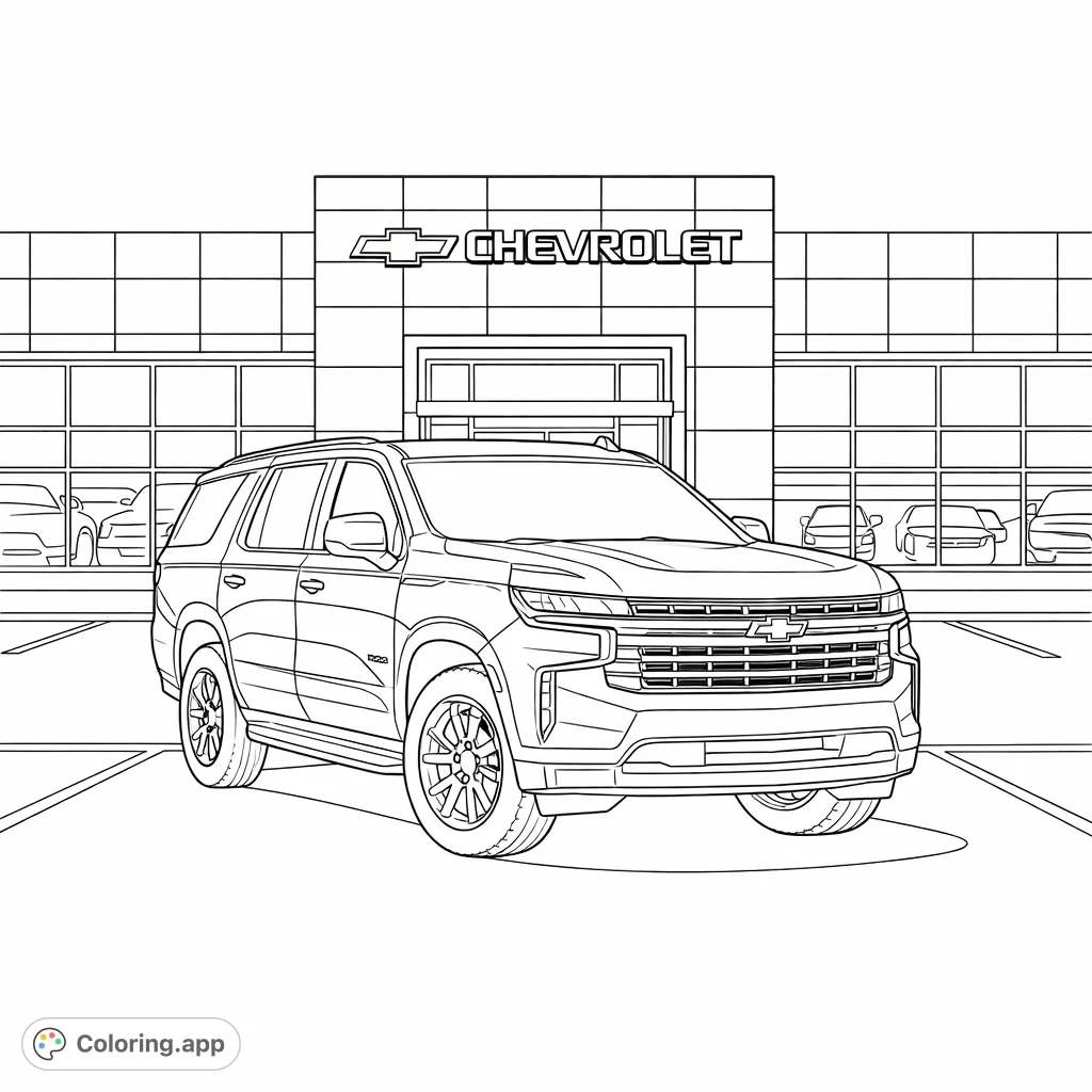 Explore a detailed modern SUV parked at a sleek dealership, featuring intricate architectural elements and vehicle lines, perfect for car enthusiasts.