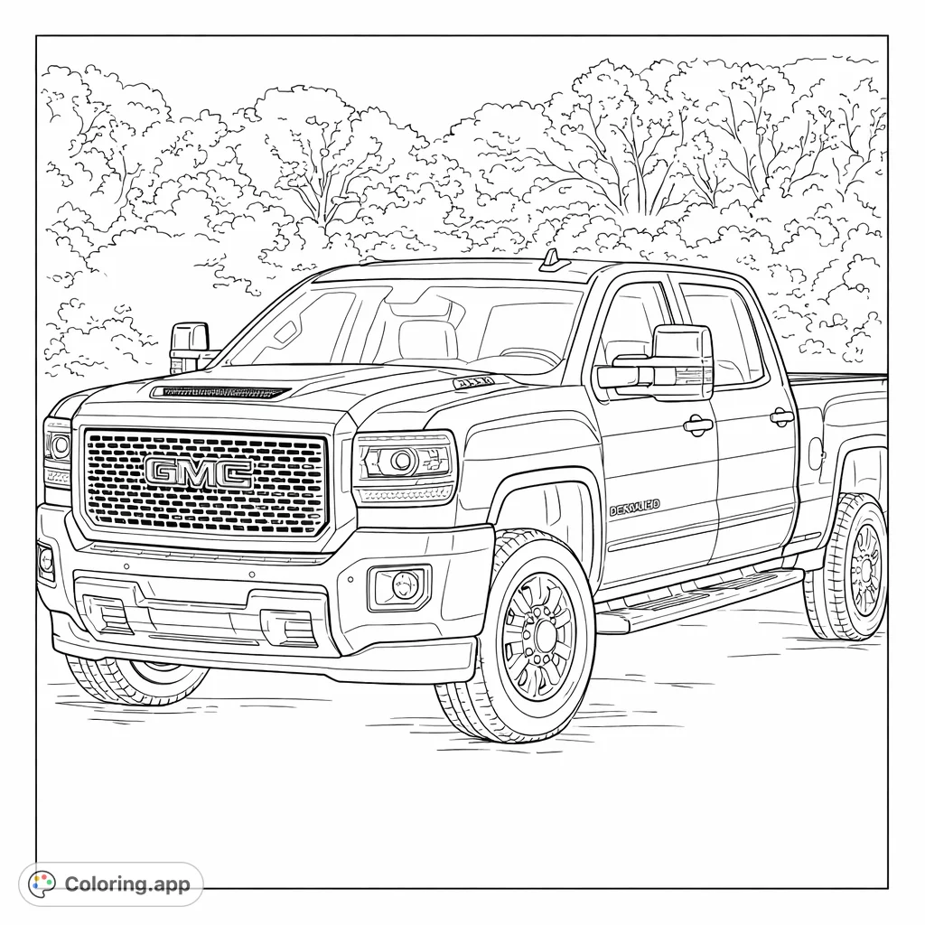 Color this detailed pickup truck coloring page featuring a robust design, prominent grille, and intricate wheels. Perfect for truck enthusiasts of all ages.