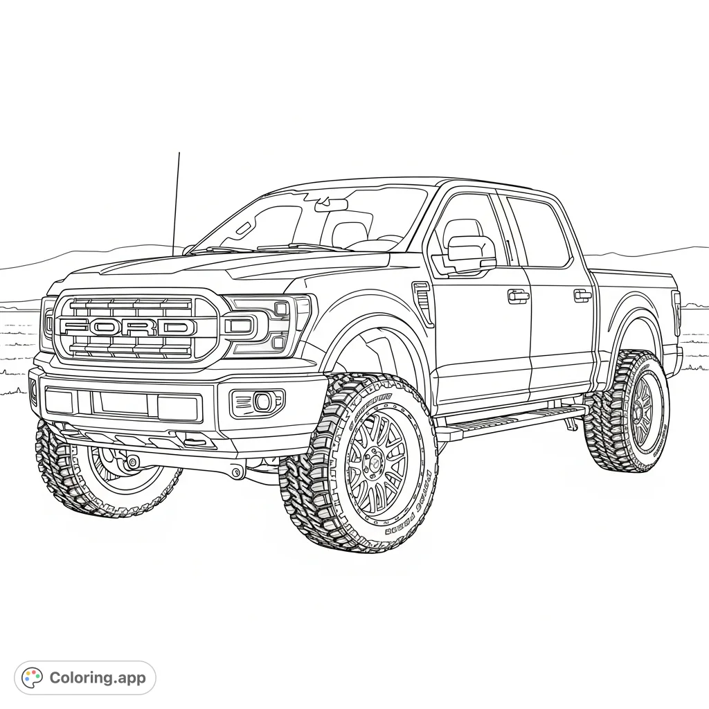Unleash your creativity on this dynamic Ford truck coloring page, featuring custom JTX Forged wheels and off-road tires, perfect for vehicle enthusiasts!