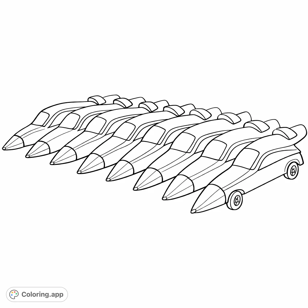 A dynamic arrangement of seven sleek, car-shaped pens, each with intricate details, perfect for a fun and creative coloring experience.