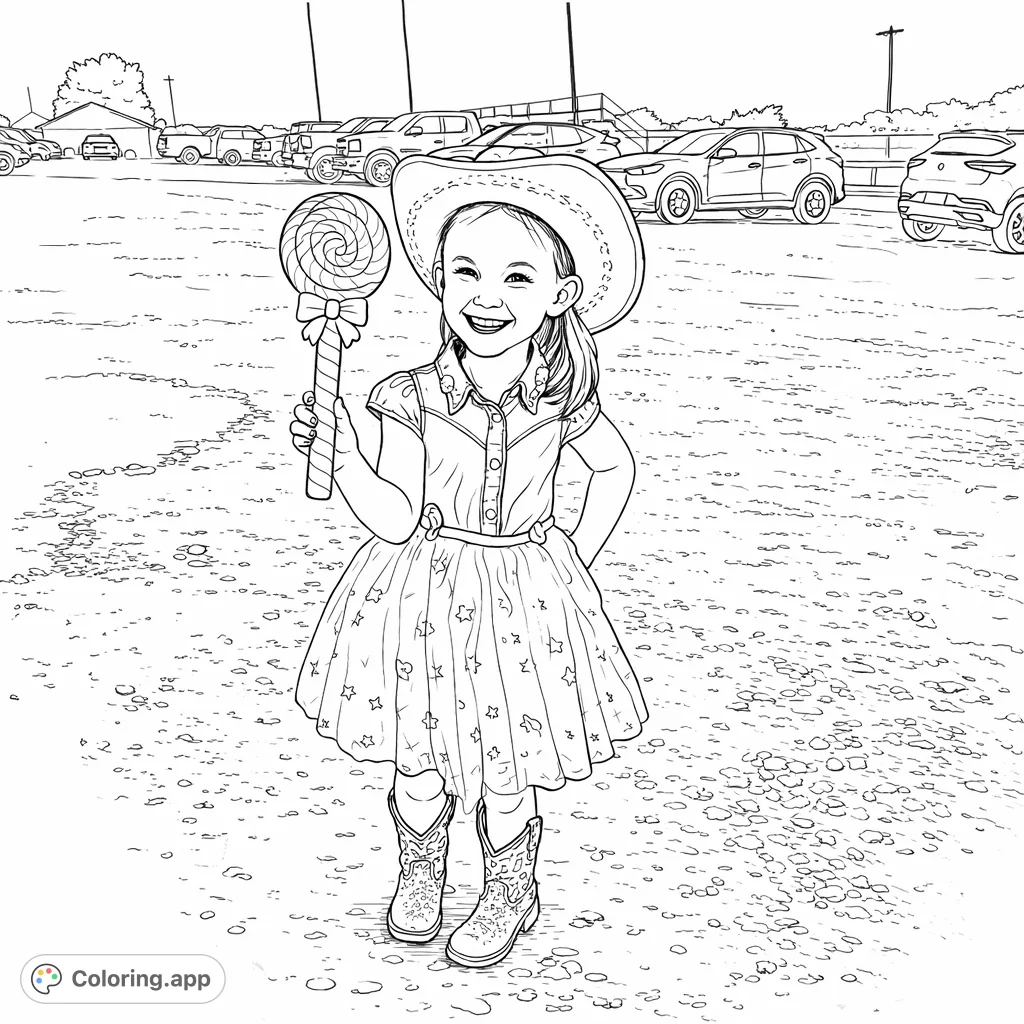 A cheerful young cowgirl in a western hat and whimsical skirt holds a giant lollipop, offering a delightful and sweet coloring adventure for all ages.