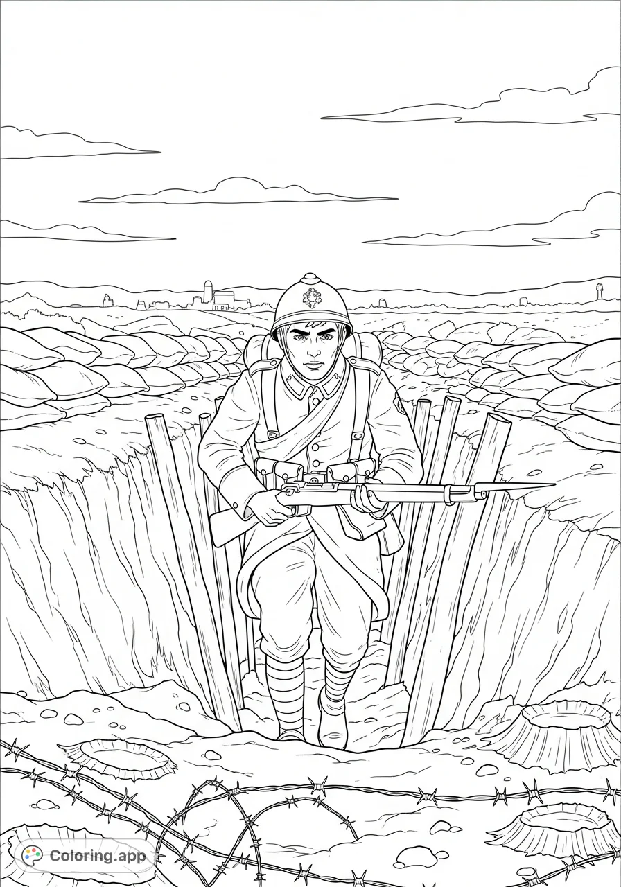 A detailed World War 1 French soldier with a youthful face dashes through the trenches. A powerful scene depicting wartime heroism and grit.