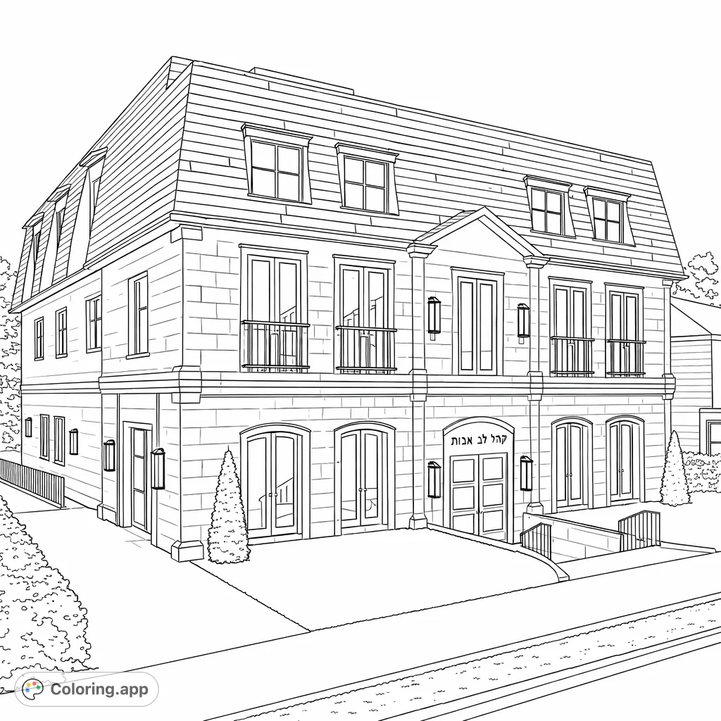 Discover a detailed architectural building coloring page. Features a majestic stone facade, elegant mansard roof, and intricate windows, perfect for skilled colorists.