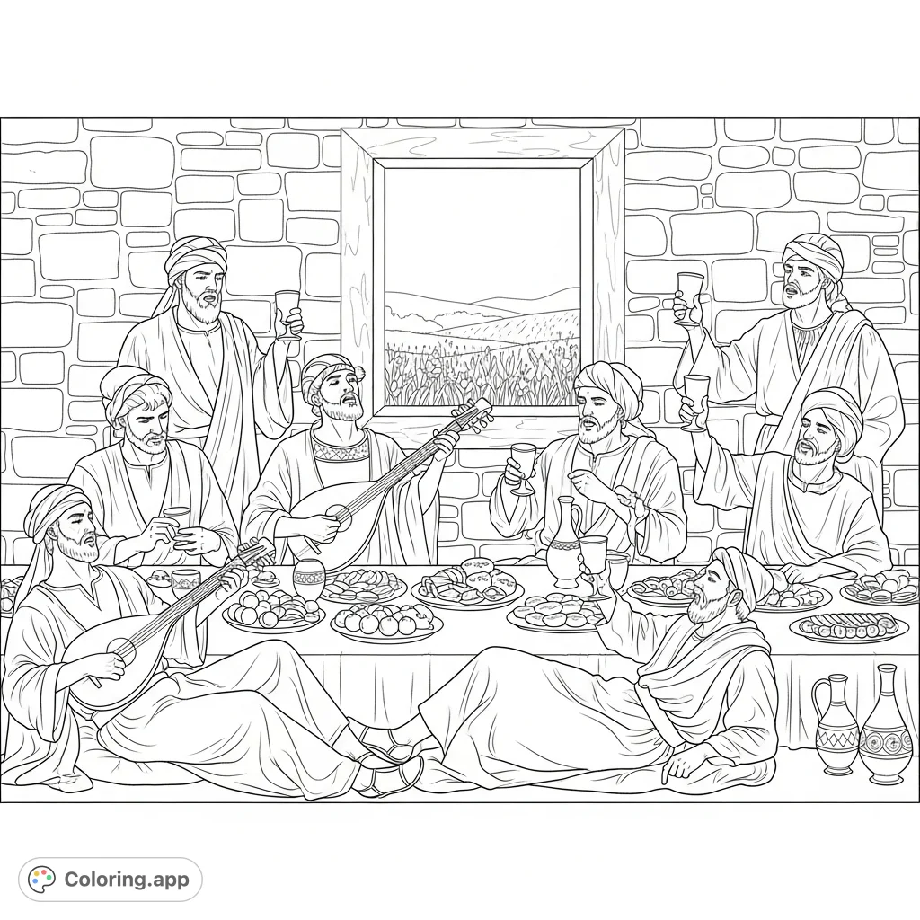 An elaborate Ancient Near East banquet featuring robed men reclining around a table with food, wine, and music. A detailed stone wall and open window frame the scene.
