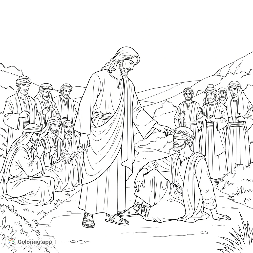 Witness the tender moment of Jesus healing the blind beggar, surrounded by disciples and a crowd in ancient Israel. A profound scene for reflection.