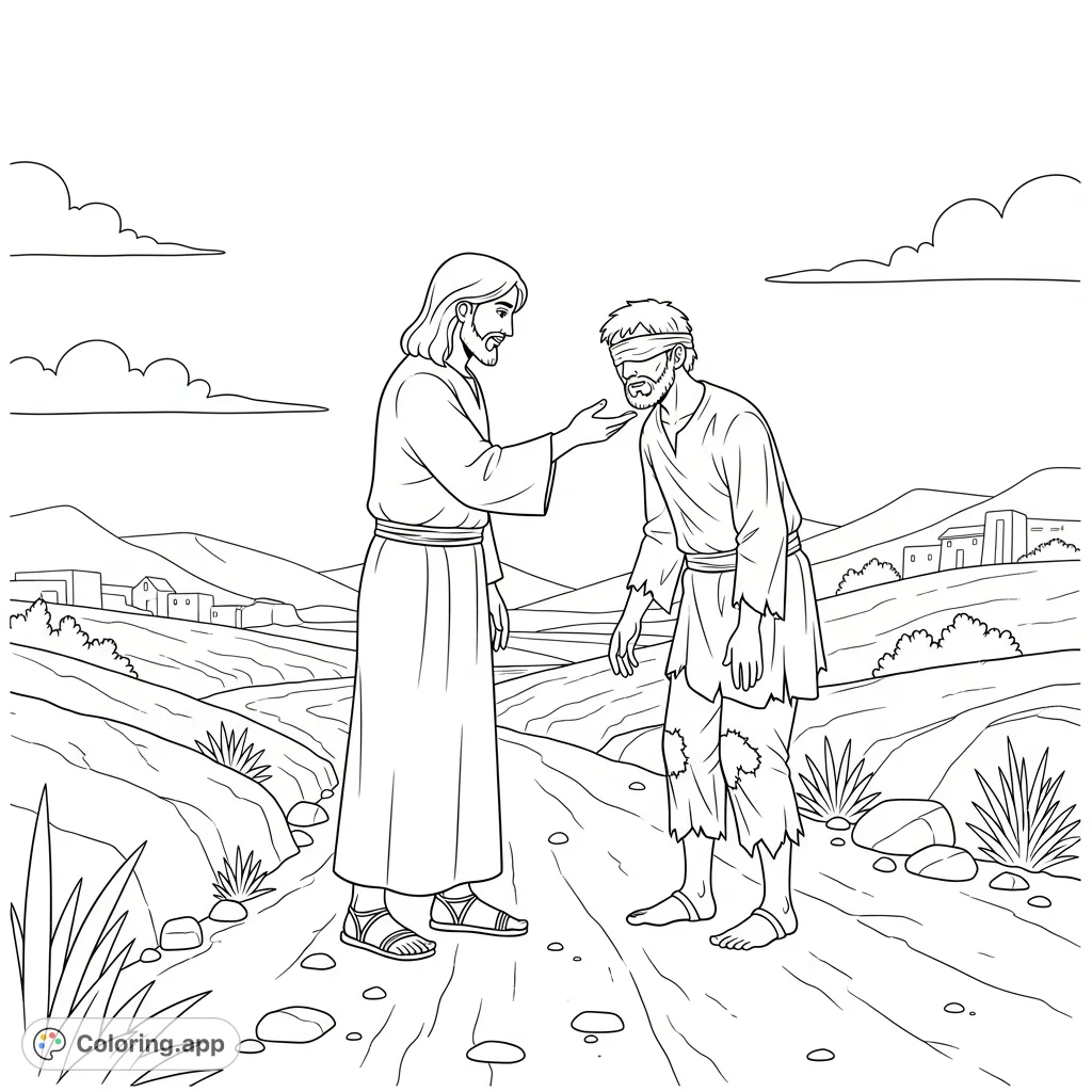 A profound Jesus healing coloring page depicting a compassionate moment on an ancient Israel road. Perfect for reflection and creative expression.