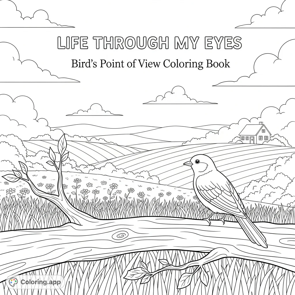 Discover a tranquil countryside landscape from a unique bird's eye perspective. Featuring a charming cottage, rolling hills, and delicate wildflowers, with the title "Life Through My Eyes".