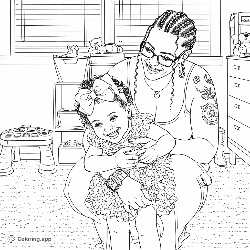 Capture a heartwarming scene of a mother tenderly holding her laughing baby. This delightful coloring page invites you to celebrate family bonds and joyful moments.