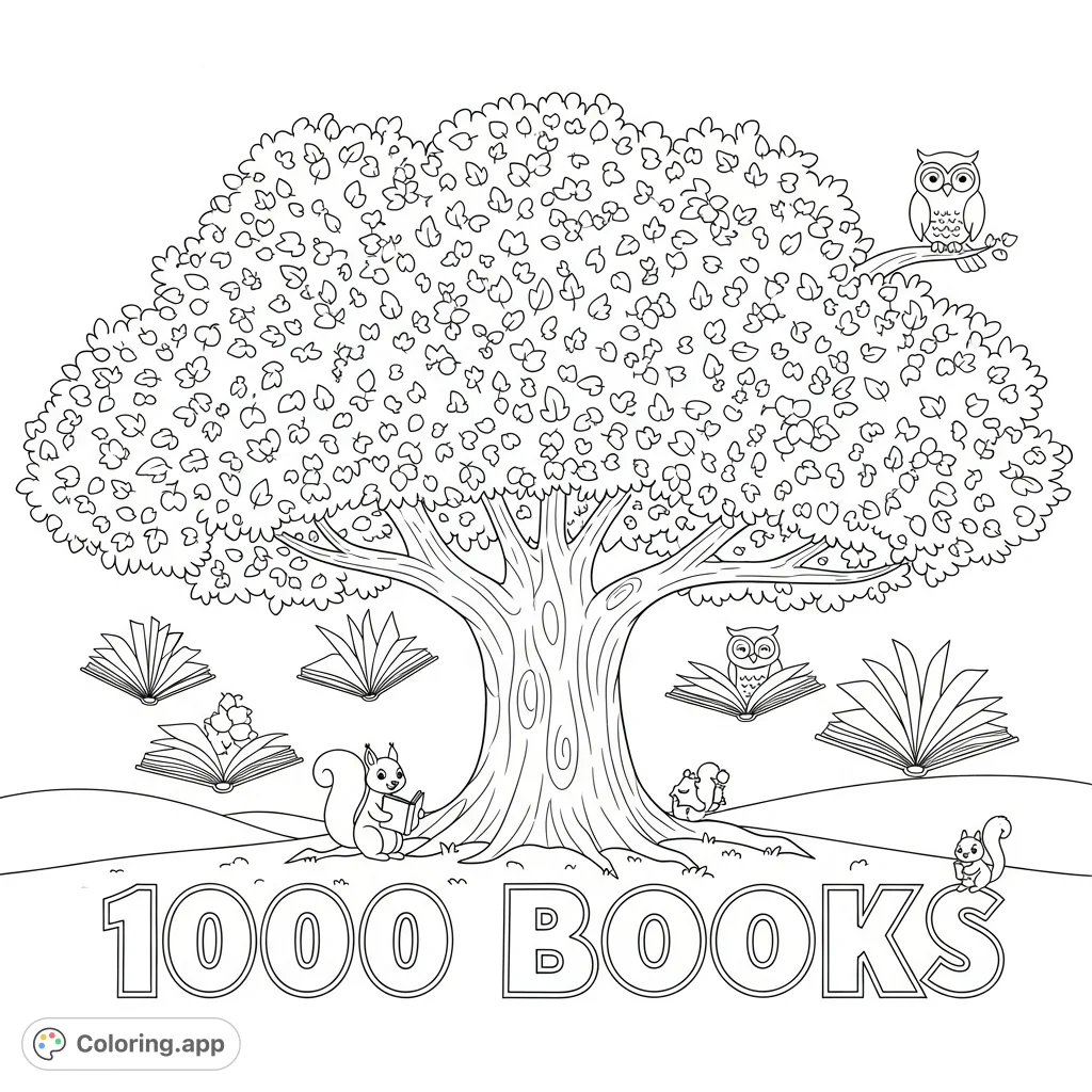Track your reading journey with this charming '1000 Books' coloring page! Features a whimsical tree with 1000 leaves, friendly animals, and colorable text.
